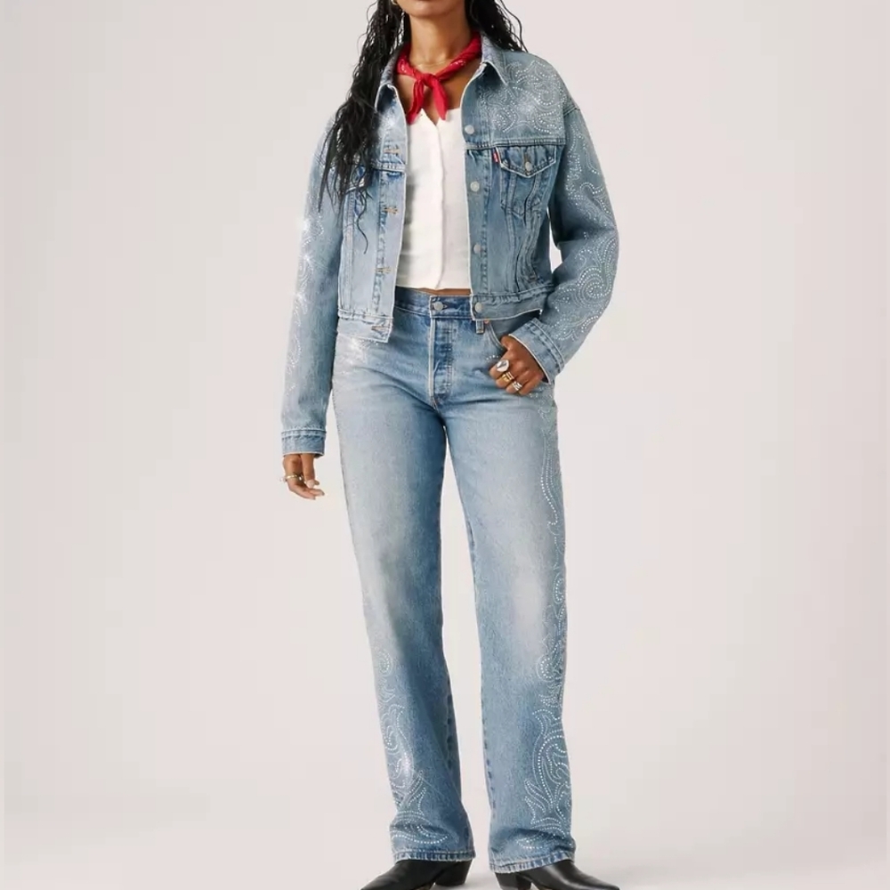 Beyoncé X Levi’s® Shrunken '90s Trucker Jacket Western Crystal Dark Blue Bnwt - Picture 11 of 16